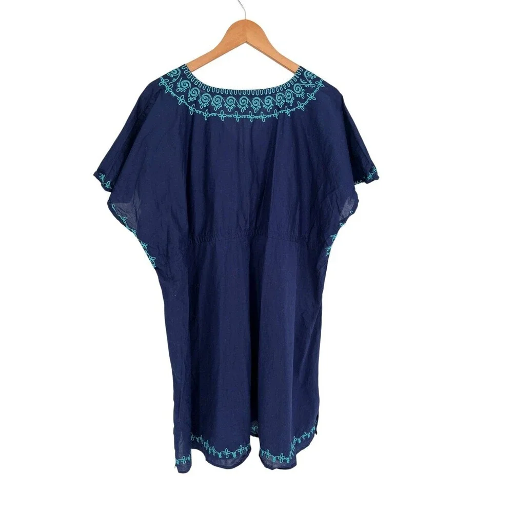 It Figures! Swim Cover Up Tunic Womens Size 2X Navy Blue Embroidered Cotton Boho